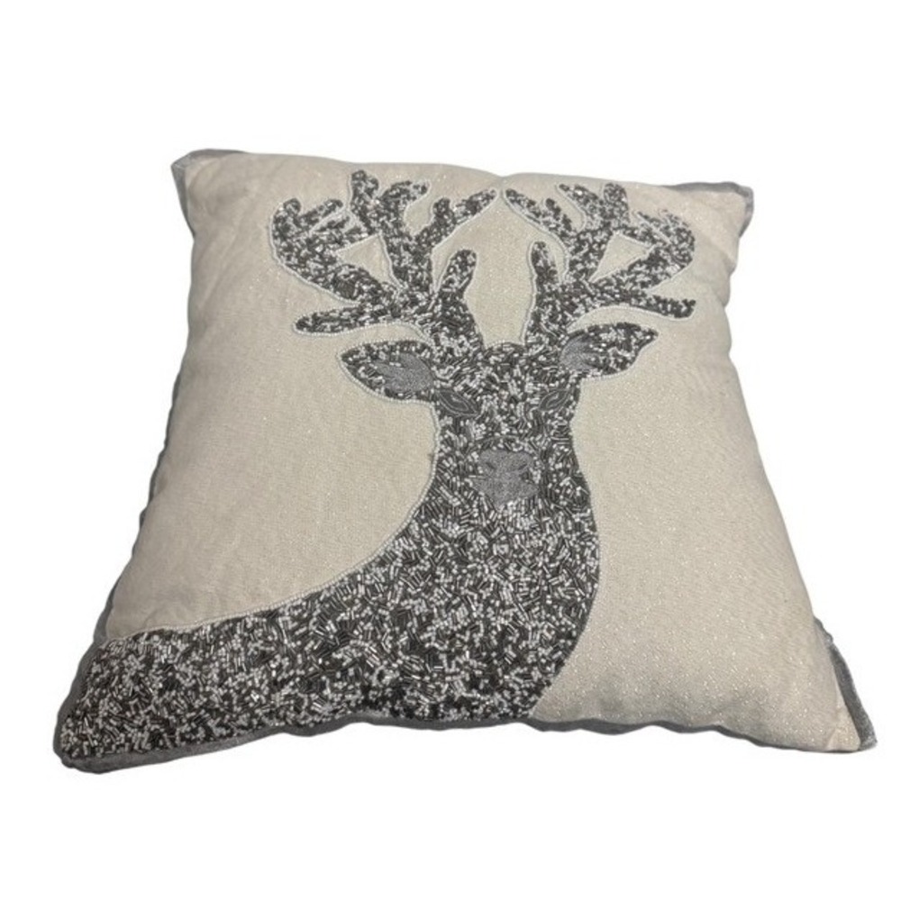 Pier 1 Silver Sparkly Beaded Reindeer Stag Holiday Throw Pillow 18x16